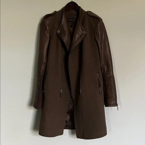 BCBGMaxAzria Army Green Wool coat jacket w100% brown leather collar & sleeves XS - Picture 8 of 13